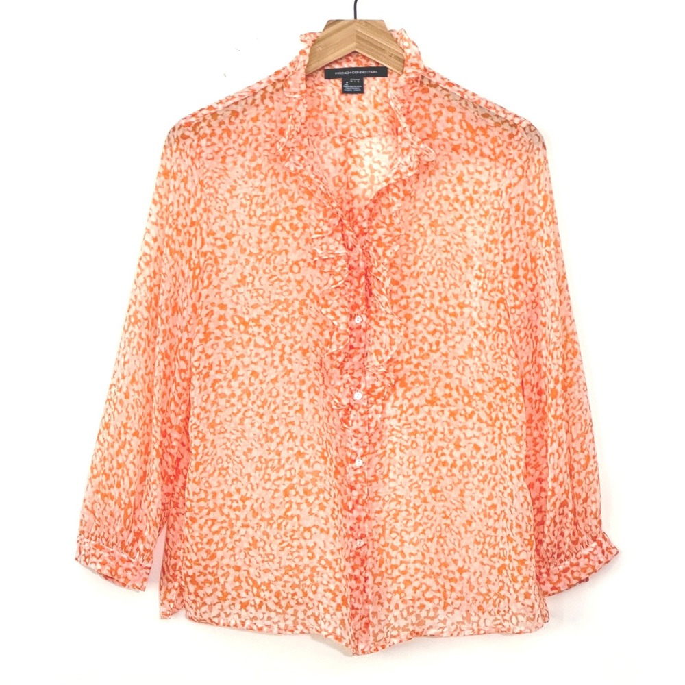 French Connection Women Top 6 Orange Sheer Animal Print Ruffle Statement Chic